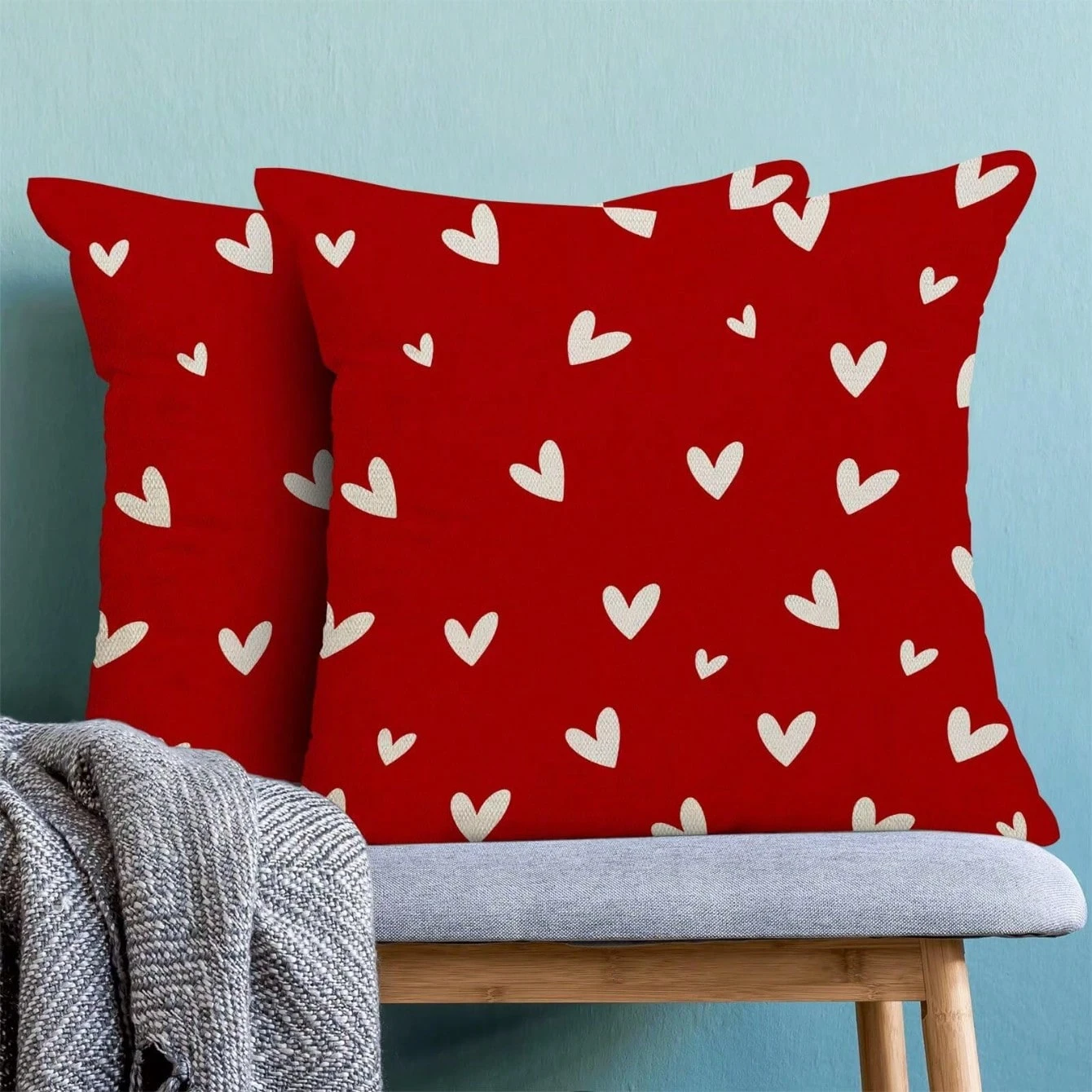 Valentine's Day Red Pillow Cover Set (2 Pcs) | Heart Linen Decorative Pillowcase, Romantic Theme for Outdoor Sofa Bench Rustic