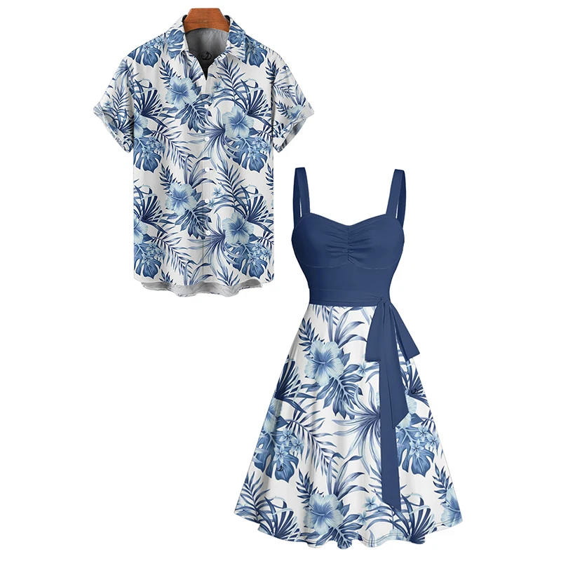 

Dressfo Couple Set Women's Tropical Flower Leaf Print Belted Mini Vacation Dress And Men's Short Sleeve Shirt Matching Outfit