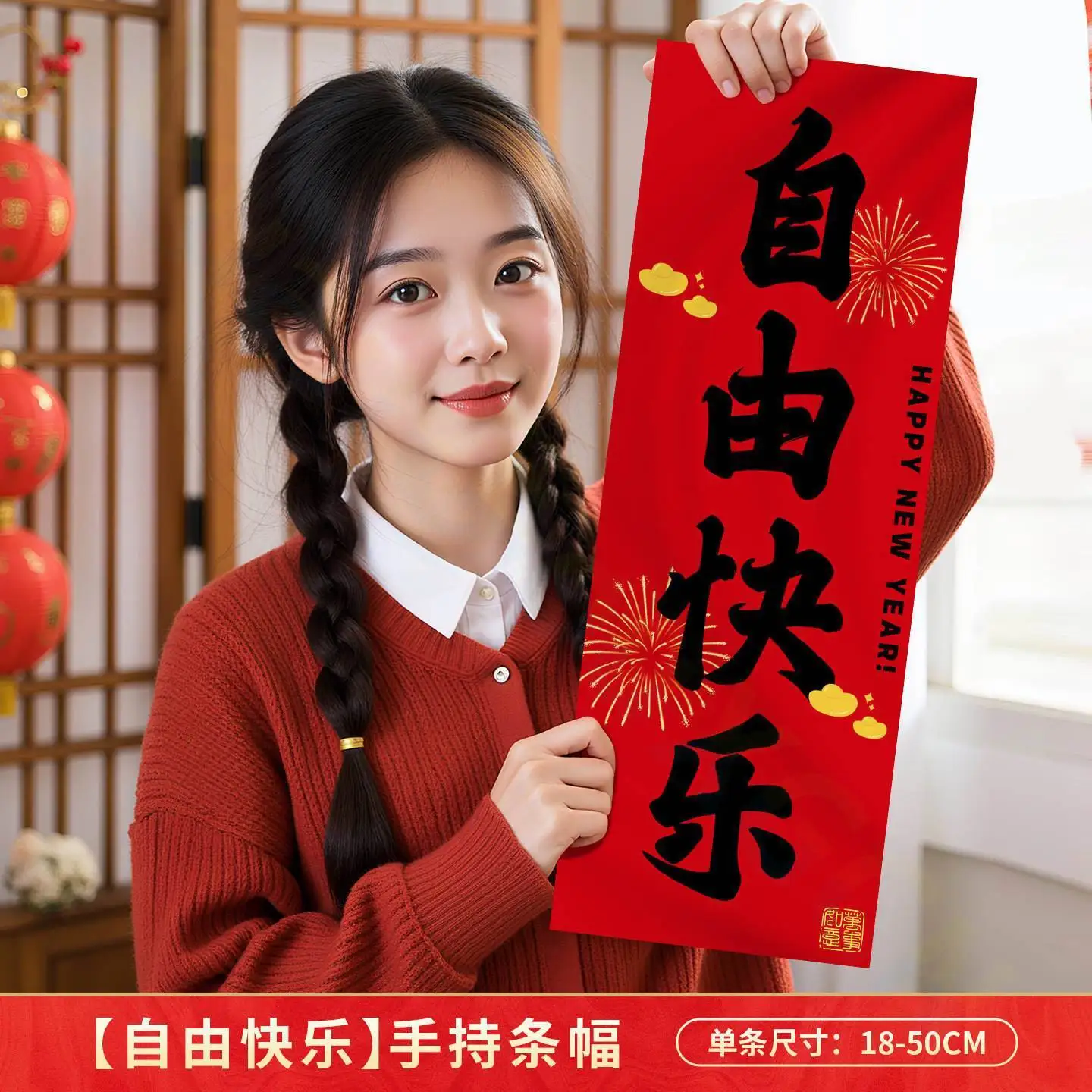 Chinese New Year DecorationScroll Happy New Year Handheld Banner Adult Children Photo Props Chinese Spring Festival Couplets - Detail 1