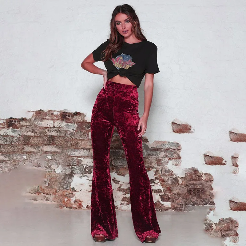 Vintage Velvet Long Flare Pants Women Korean Streetwear Sexy High Waist Trousers Lady Casual Velour Red Black Bell Bottom Pants