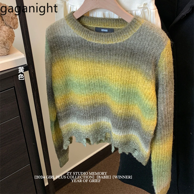 Gaganight Women O neck Gradually Changing Color Mixed Stripes Pullover Sweater 2024 Women's Temperament Knitted Sweater Outside