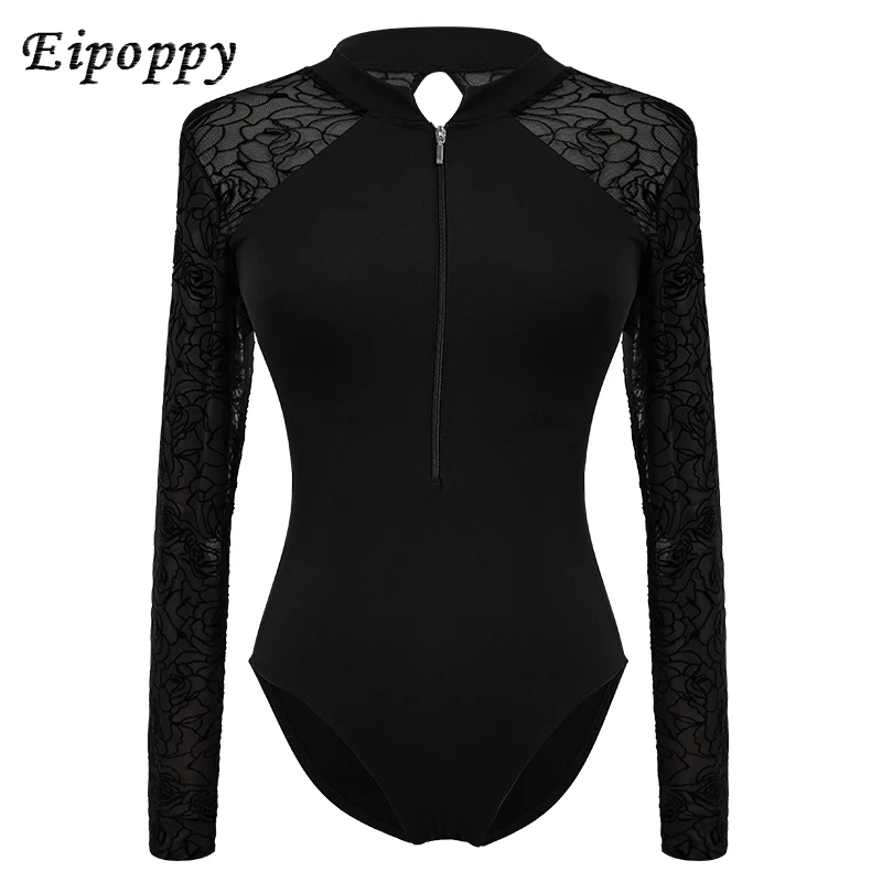 ثياب الباليه للنساء ، زي رقص بسحّابات ، ملابس راقصة باليه سوداء للبالغين ، دانتيل بأكمام طويلة ، ياقة قائمة