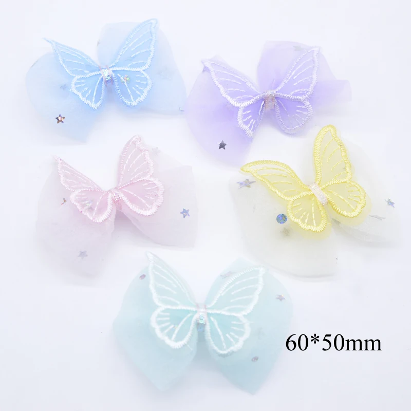 10Pcs 60*50mm Double Butterfly with Mesh Bow Tie Appliques for DIY Clothes Hat Sewing Patches Headwear Hair Clips Accessories