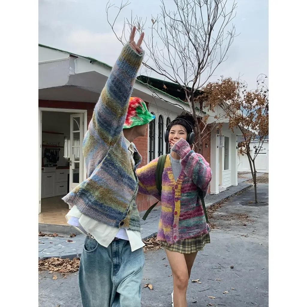 

Women's Vintage Color Striped Sweater Loose Knitted Cardigan Autumn Winter Trendy Lazy Style Couple Coat New