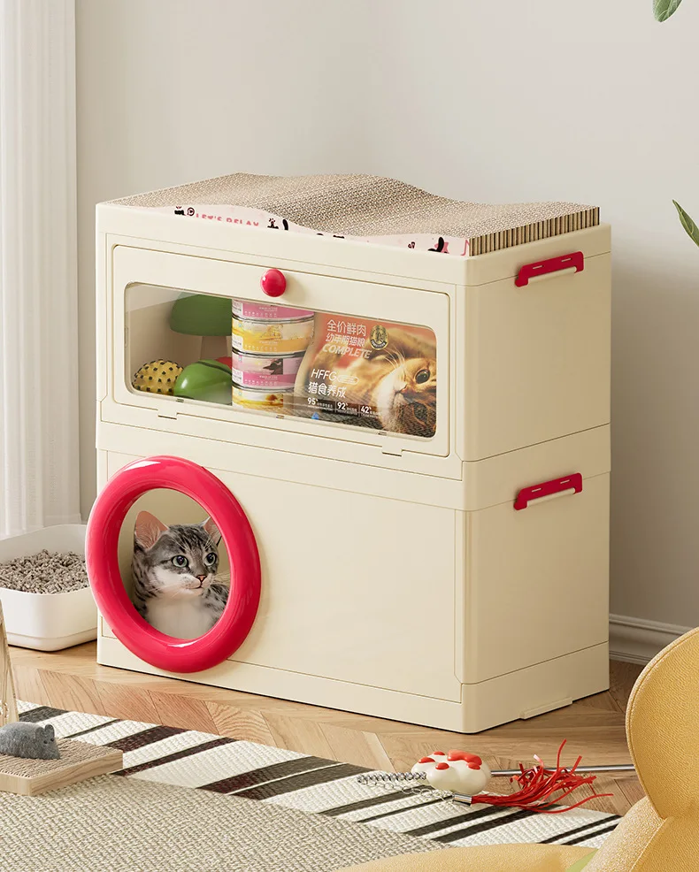 Modern Cat Condo with Storage- Multifunctional Indoor Cat House and Scratcher, Perfect for Small Apartments