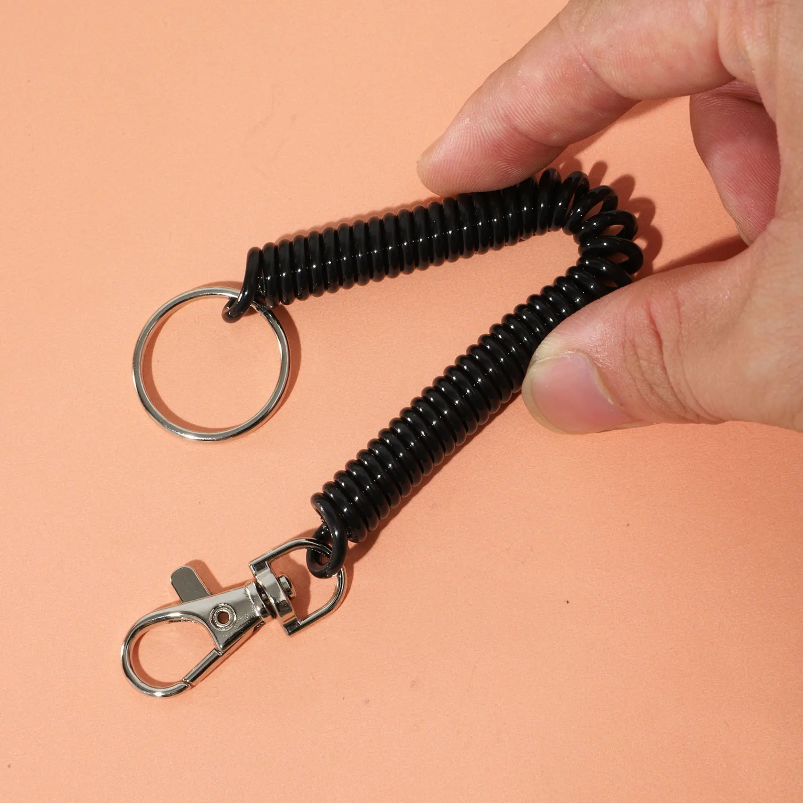 Black Plastic Retractable Coil Springs Keychain Coil Cord Key Chain Mobile Phone Chain Holder Lanyard And 6Pcs Gaskets