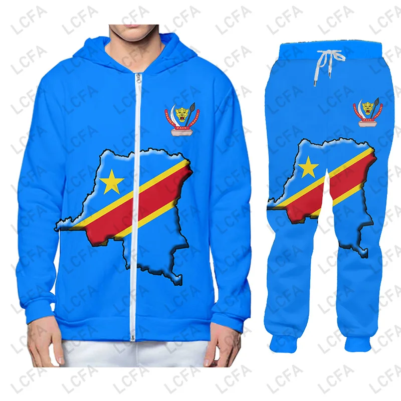 Zaire DR Congo Flag Zip up Hoodies Jacket Pants Tracksuit Men Print Oversize African Pullover Sweatshirt Unisex Clothes Dropship