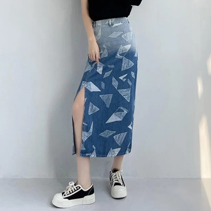

Gradient Print Denim Skirt Women 2022 New Spring Summer High Waist Side Slit Calf-Length Skirt Female Bottoms s01
