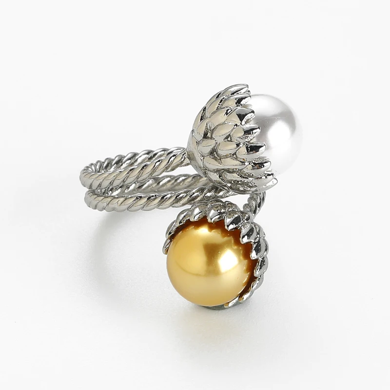 خاتم عتيق من اللؤلؤ الأبيض والأصفر إكسسوارات نسائية طبيعية فضية اللون متقاطعة مفتوحة اتجاهات المجوهرات الفاخرة 2025 حفلة عالية الجودة