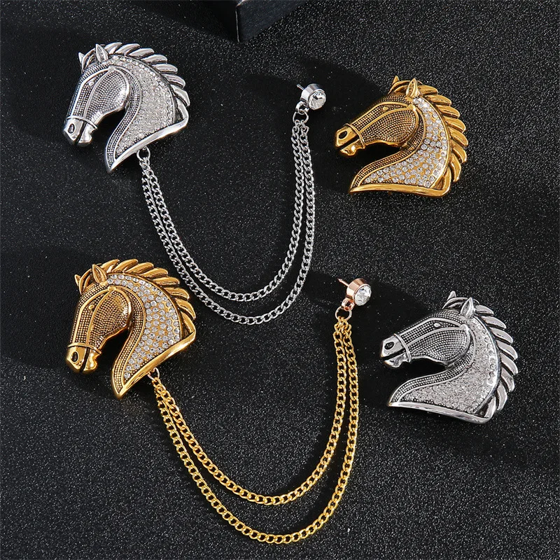 New Arrival Horse Shaped Brooch Animal Rhinestone Tassel Chain Lapel Pins Men's Shirt Collar Exquisite Fashion Accessory