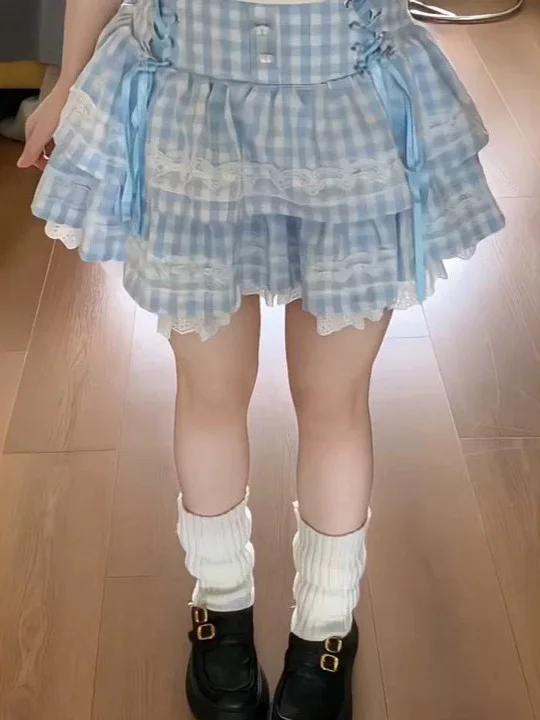 Sweet Plaid Bow-Tied Puffy Skirt High Waist  Skirt for Women Summer Spicy Girl City Commute Breathable Skin-Friendly Poly...