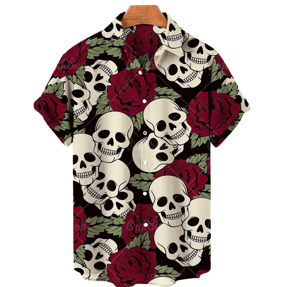 Skull Print Hawaiian Shirt Men Summer Short Sleeve Loose Beach Breathable Hip Hop Harajuku Top Oversize 5XL