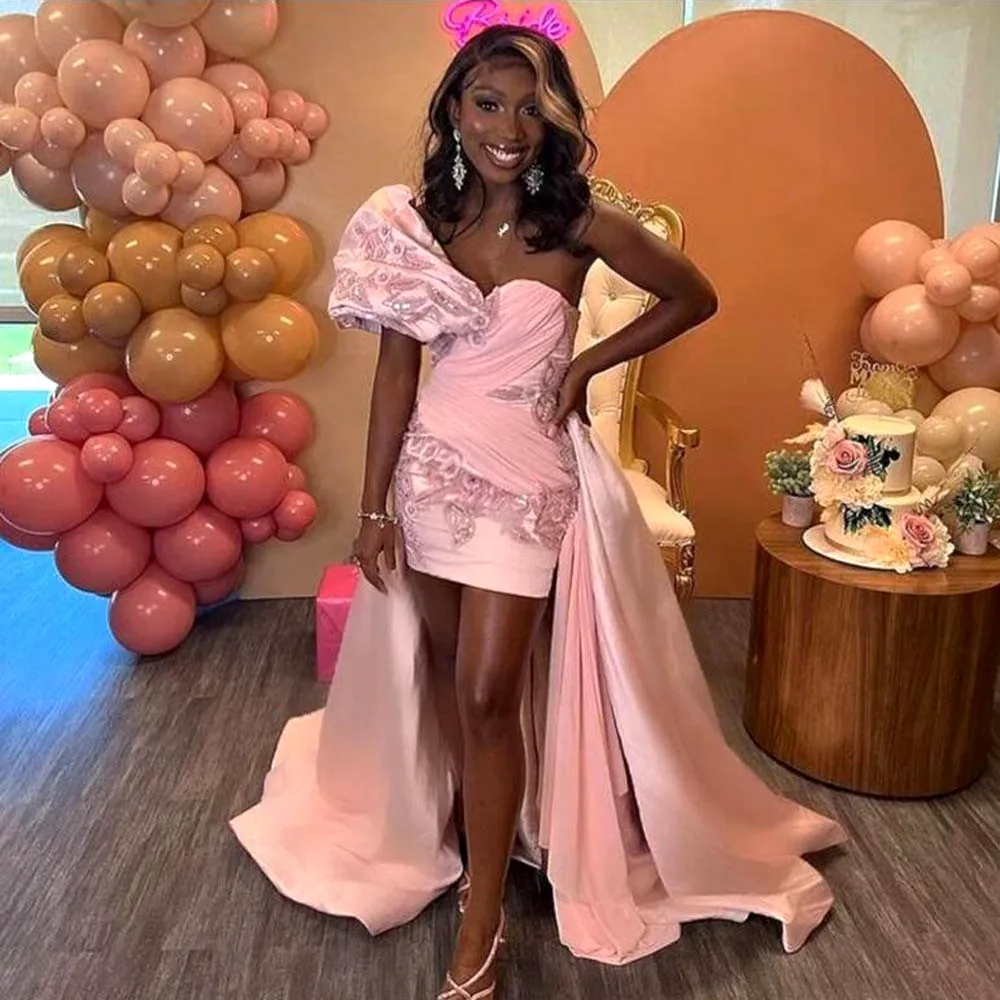 One Shoulder Pink Prom Dresses With Beaded High Low Short Birthday Dress Pleats Formal Girls Evening Party Gowns