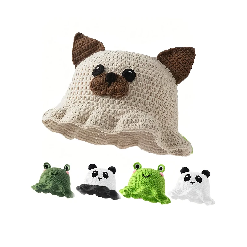 Cappello lavorato a maglia animale cartone animato neutro all'uncinetto a mano con orecchie carine Stile pescatore anca per cosplay hip-hop con volant per feste