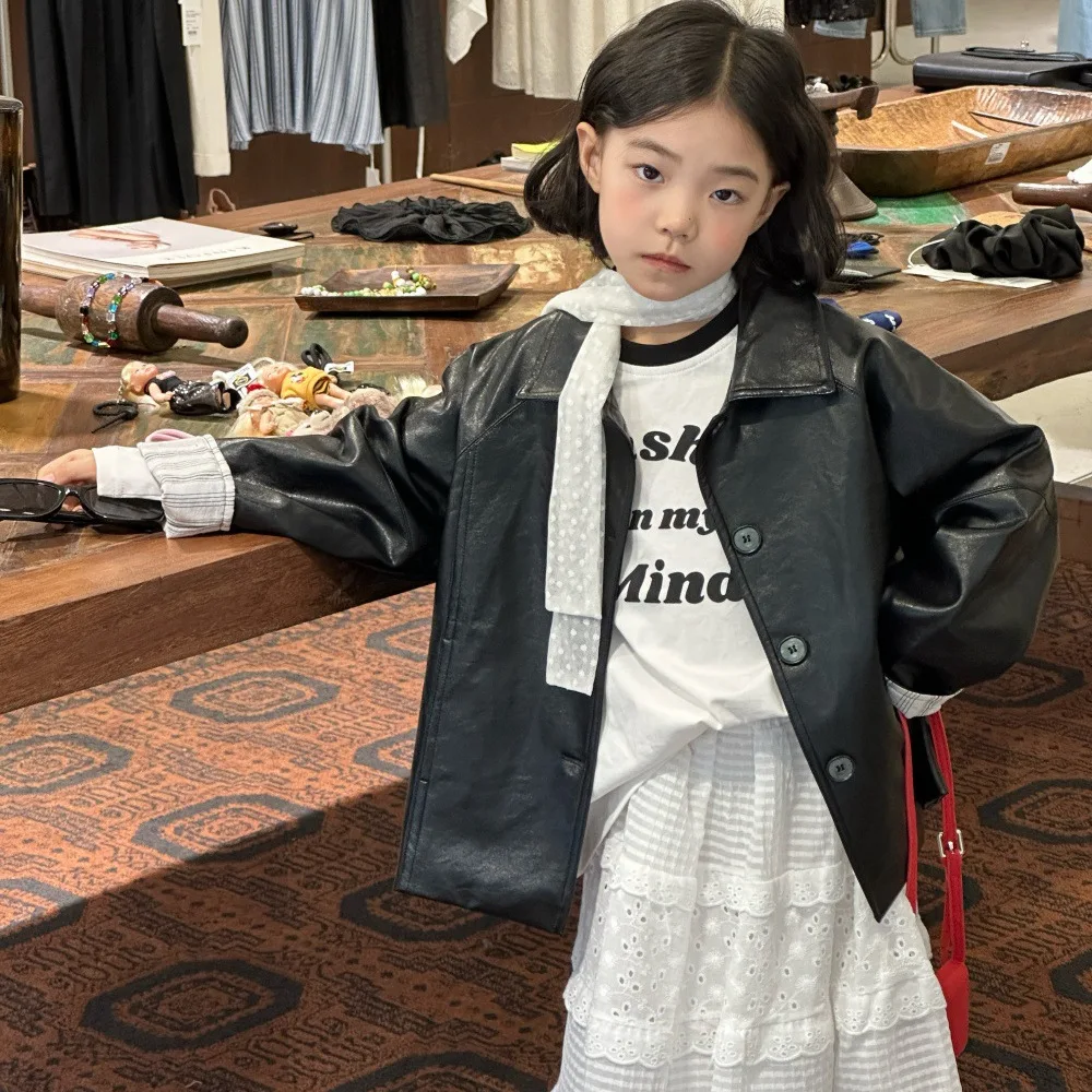 

Girls Coat 2025 Autumn and Winter New Childrens Clothing Girls Baby Fashion Small Fashion Cool Leather Coat Casual Simple