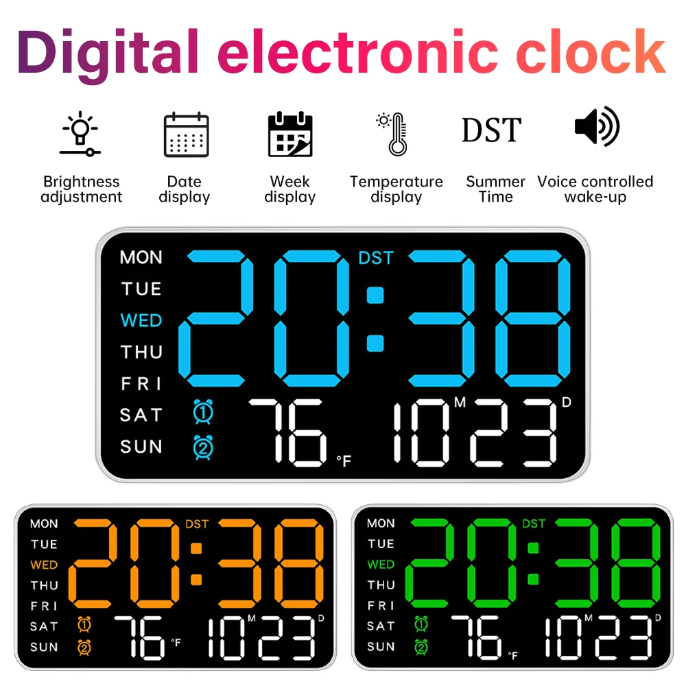 

Large Screen Digital Wall Clock Temperature Date Week Display Voice Control LED Alarm Clock Electronic Table Clock 12/24H