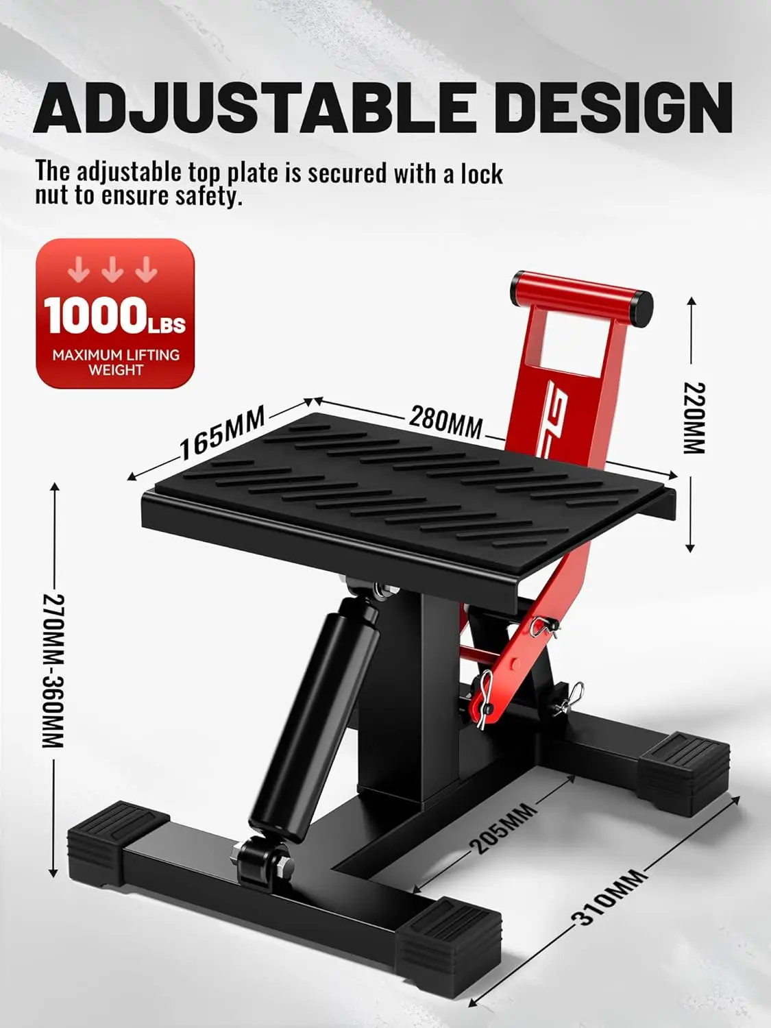حامل رفع للدراجات النارية عالي التحمل، سعة 1000 رطل، ارتفاع قابل للتعديل لإصلاح وصيانة الدراجة الترابية