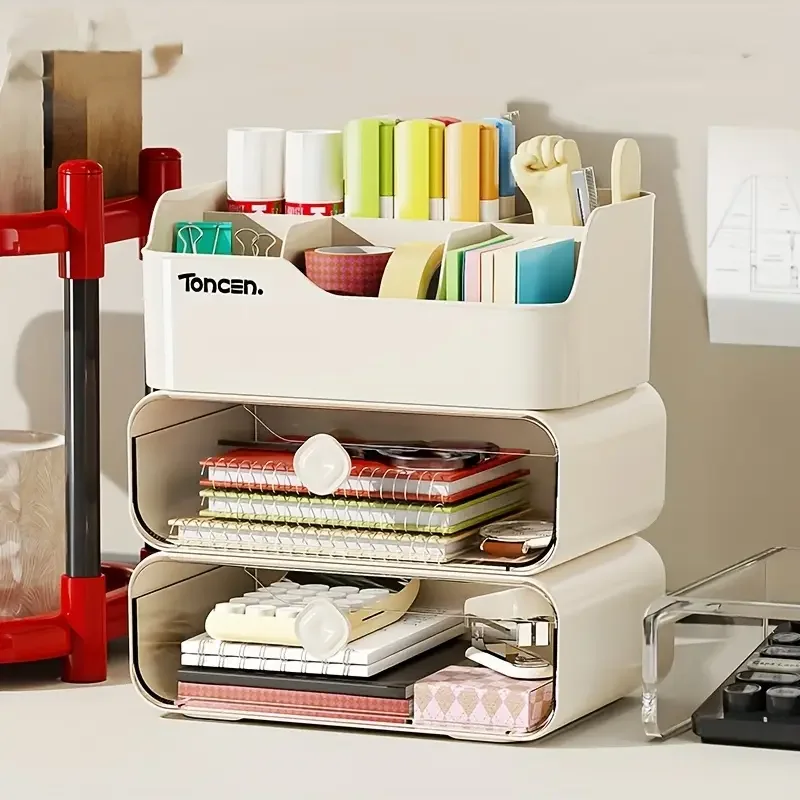 3 Layers Desk Organizer With Drawers Multifunctional Office Accessories Storage Box Stationery Desktop School Supplies view 3