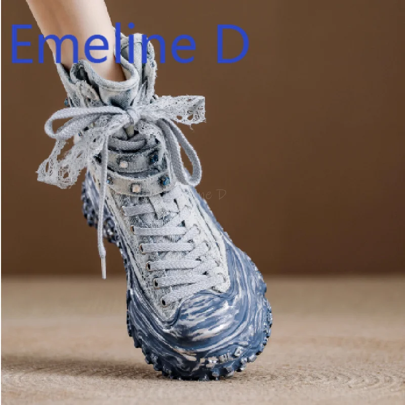 

Thick Soled High Top Shoes for Women's Fashion New Canvas Shoes with Zipper Design At The Back Denim Flat Casual Shoes