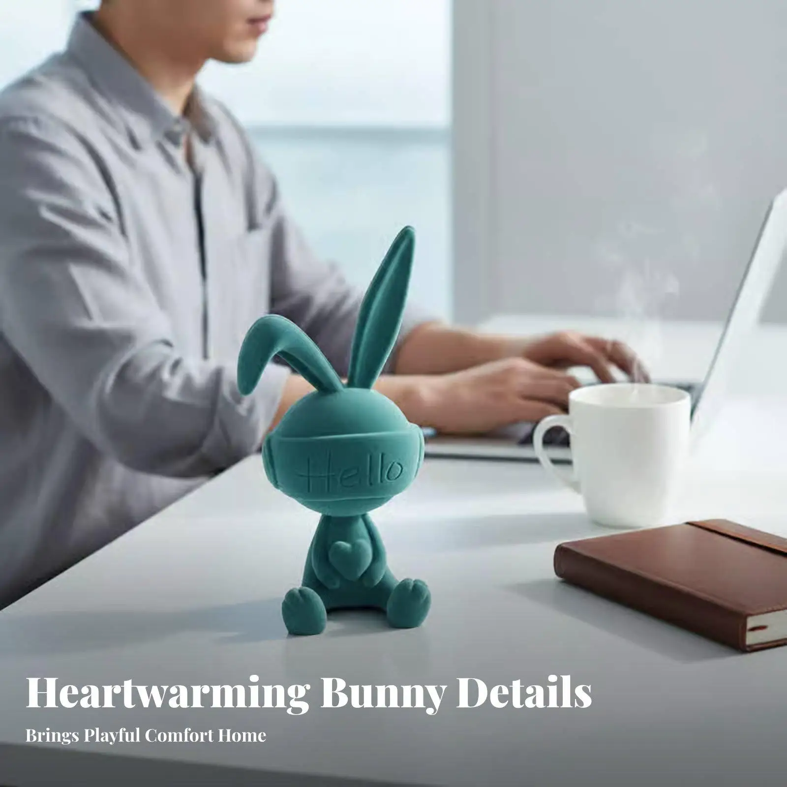 Flocking Rabbit Figurine Soft Touch Resin Bunny Statue with Bent Ear Heart Hello Decor for Living Room Shelf