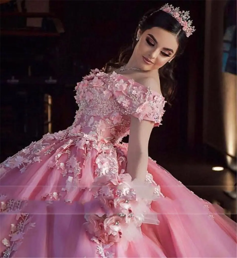 Roze Vestido De 15 Anos Quinceanera 2022 Sweetheart Prinses Elegent Baljurk Steentjes Tulle Lace Party Jurken Baljurk