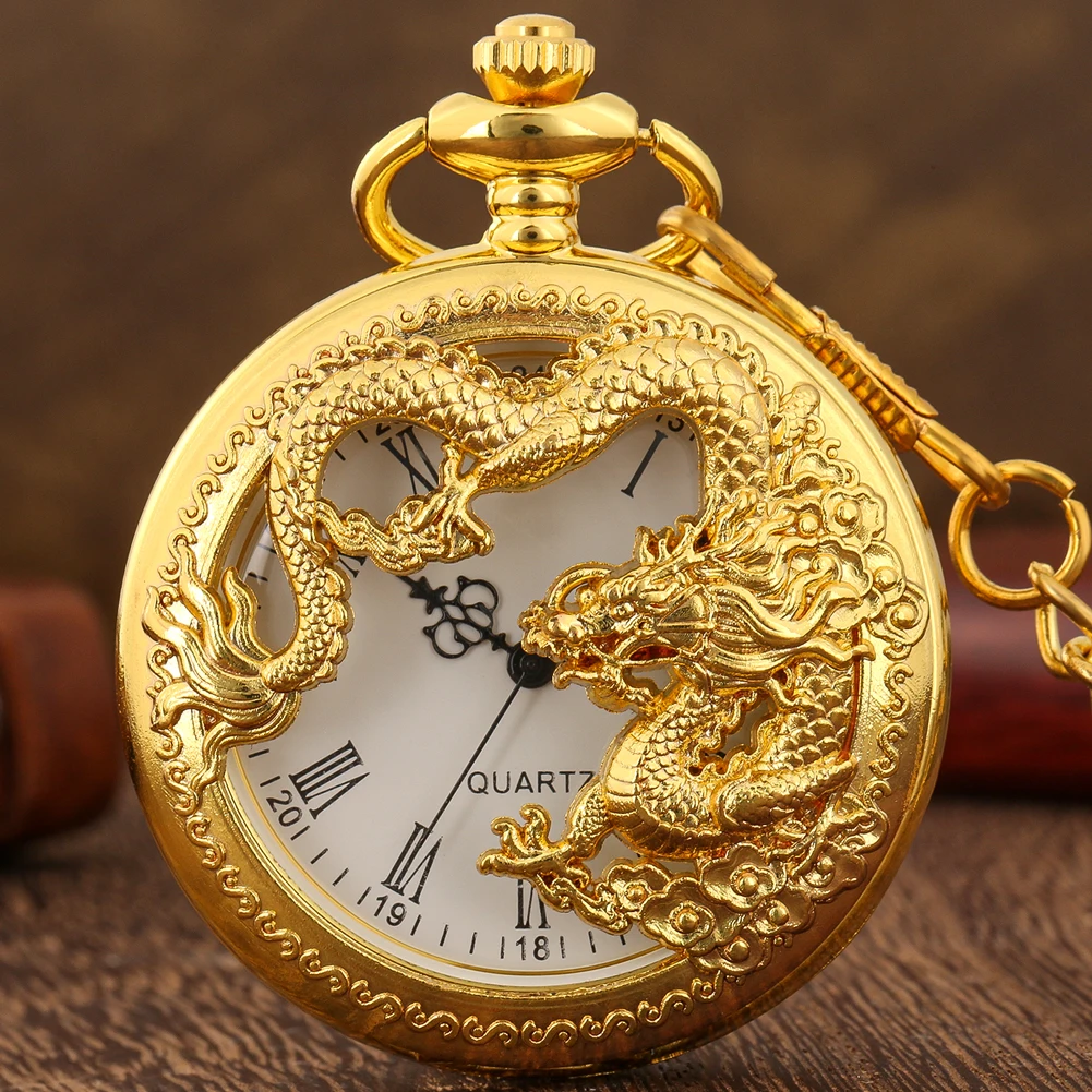 Golden Retro Quartz Pocket Watch Multiple Styles Relief Engraved Case Roman/Arabic Numeral Dial Fob Chain Pendant Clock Gift