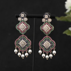 Trendy Long Multilayer Flower Pearl Water Drop Earring For Women Wedding Cubic Zirconia Dubai Bridal Earrings Tassel A0171