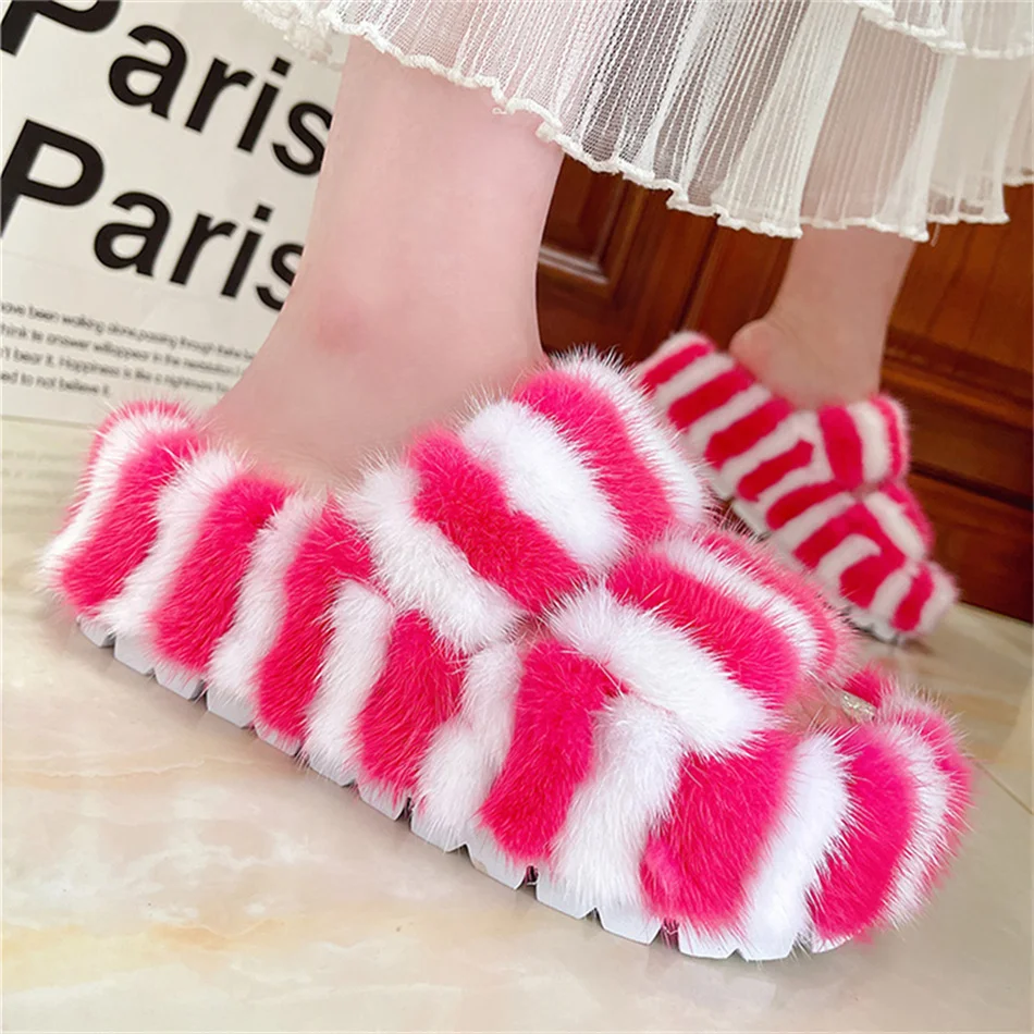 Women Fuzzy House Slippers Four Seasons Mink Fur Slide With Arch Support Non-slip Furry Bedroom Slide Open Toe Fur House Shoes