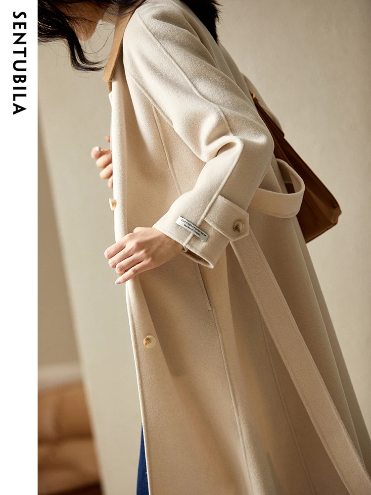 SENTUBILA Warm Thick 100% Wool Winter Coats for Women 2024 Contrast Lapel Belted Woolen Overcoats Female Clothing W24O42067