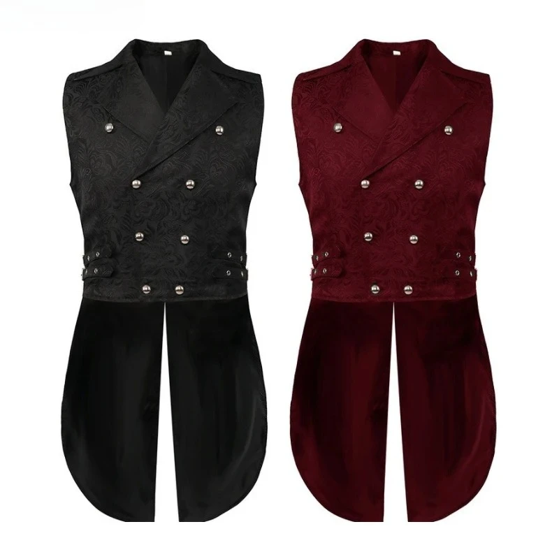 

Men Medieval Vest Steampunk Coat Victorian Prom Costume Pleated Waistcoat Retro Top Double-breasted Jacquard Cloth