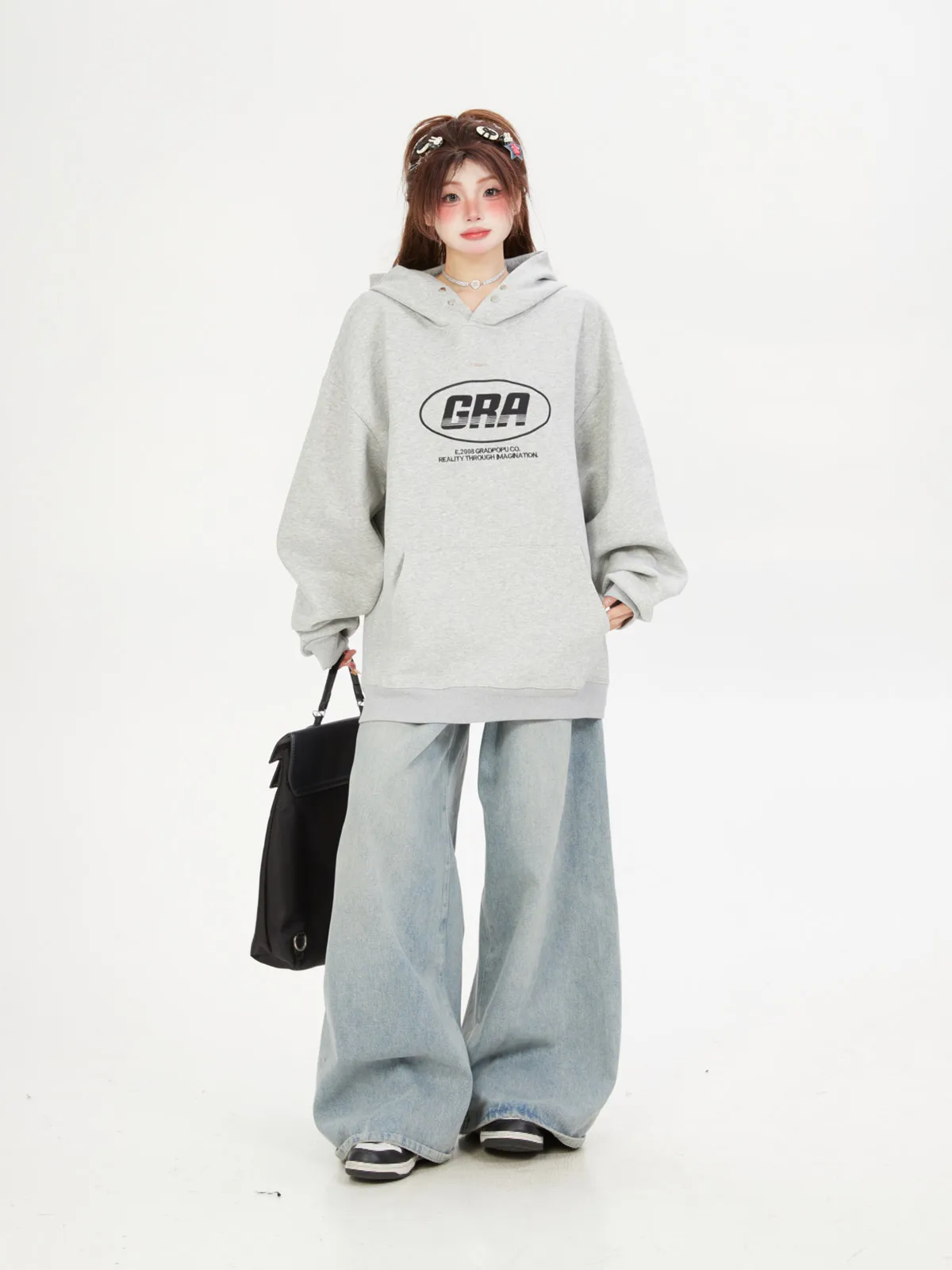 American Style Oversize Grey Sweatshirt Women's Spring Autumn Hoodie Jacket Top Gradpopu Brand Heavyweight Custom Design