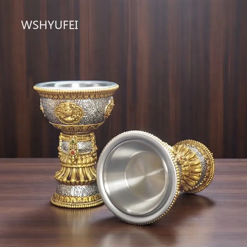 1pc Tibetan Resin Offering Cup with 8 Auspicious Symbols and Gem Inlay High Foot Altar Water Bowl for Buddhist Shrine Decoration
