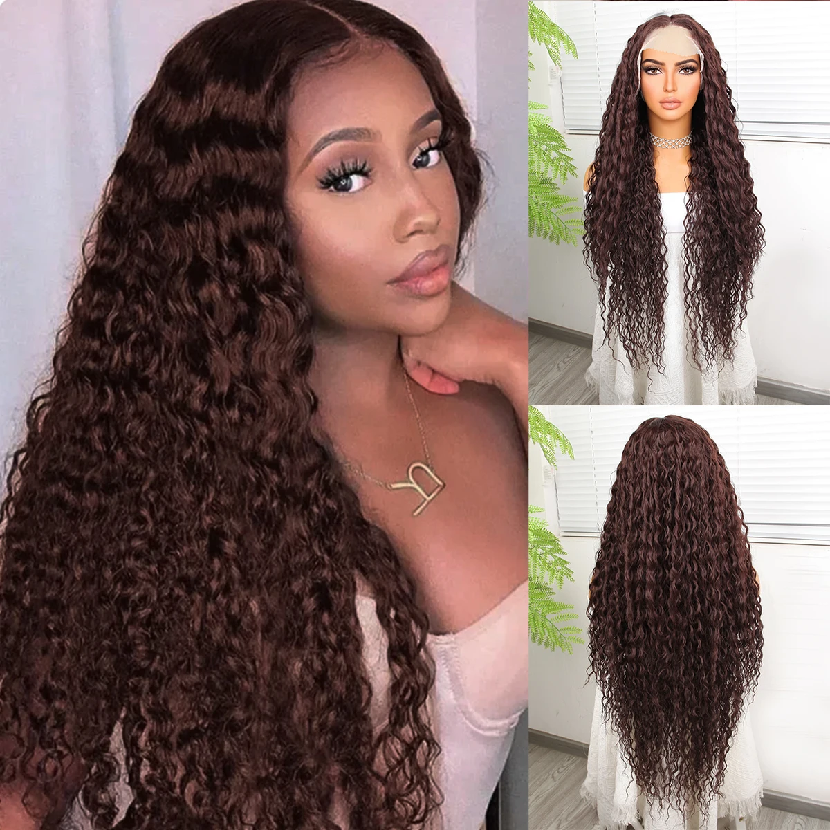 Perruque Lace Front Wig synthétique bouclée, perruque longue de 32 pouces, densité 180, 13*4.5, perruques Deep Brown Perfeet pour toute occasion, degré de chaleur