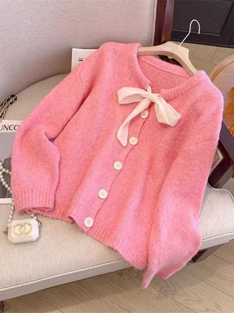 Jmprs Bow Lace Up Women Cardigan Sweaters Sweet Preppy Style Knitted Coat Fall Fashion Loose Female Long Sleeve High Quality Top