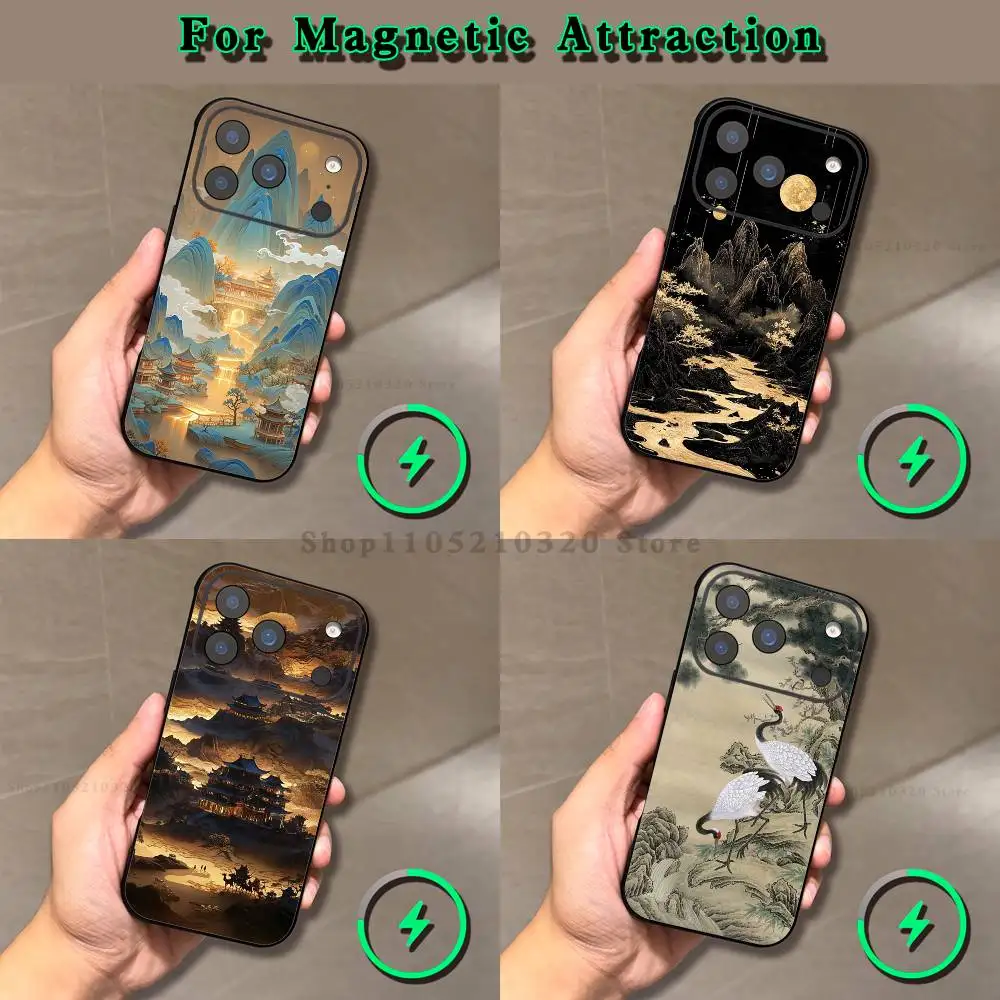Chinese Style Landscape Phone Case For iPhone 17,16,15,14,13,12,11,Pro,Max,Plus,Mini,SE4,E Magnetic Magsafe Wireless Charging