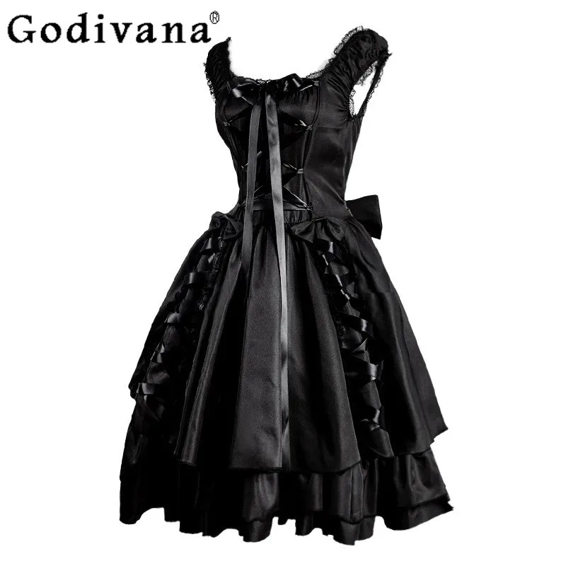 

Classic Black Vintage Lace-Up Gothic Elegant Bow Dress Spring Summer Maid Uniform High Waist A-line Halloween Cosplay Dresses