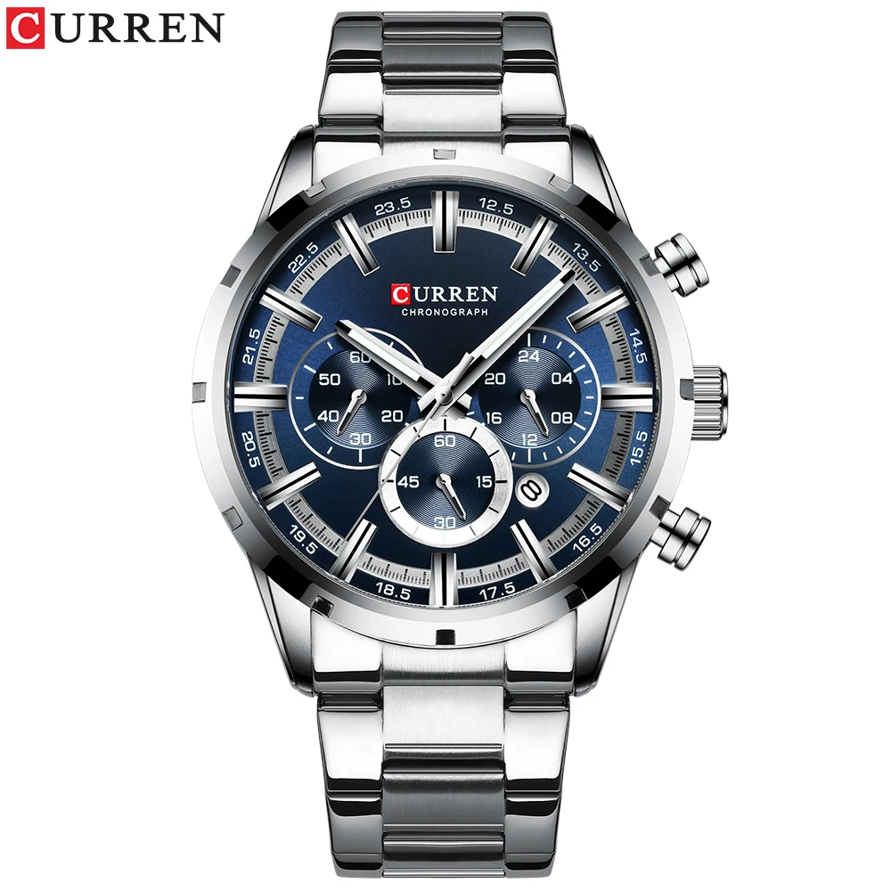 Curren Men's Watch Blue Dial Stainless Steel Band Date Mens Business Male Watches Waterproof Luxuries Men Wrist Watches for Men