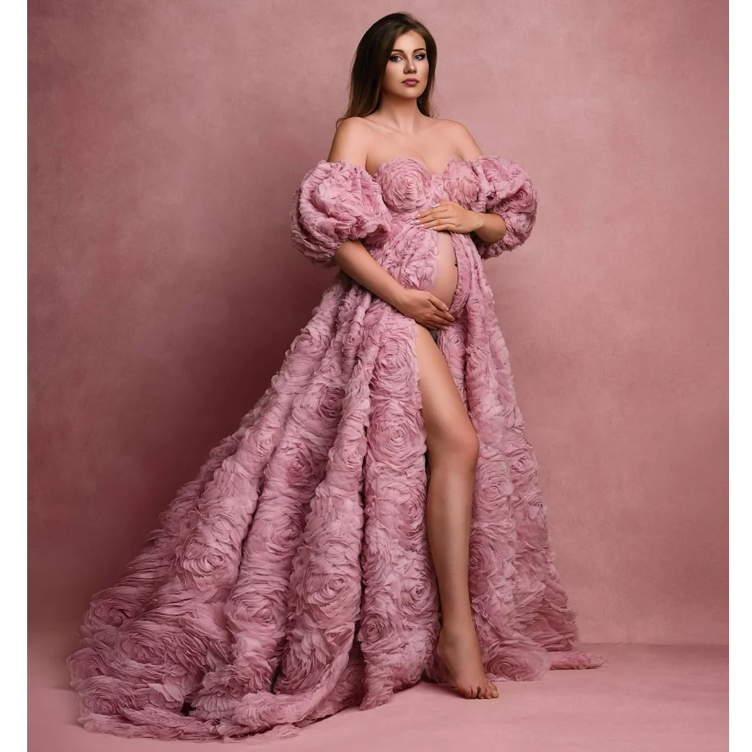 

Rose Flowers Prom Dresses Slit Empire Waist Maternity Photoshoot Dress Customized Exquisite vestido de novia Photography Props