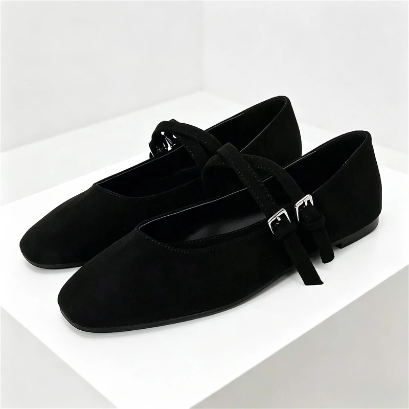 Black Cross Tied Satin Ballet Flats Women Fashion Square Toe Shallow Buckle Mary Jane Shoes Elegant Comfort Brand Designer Shoes