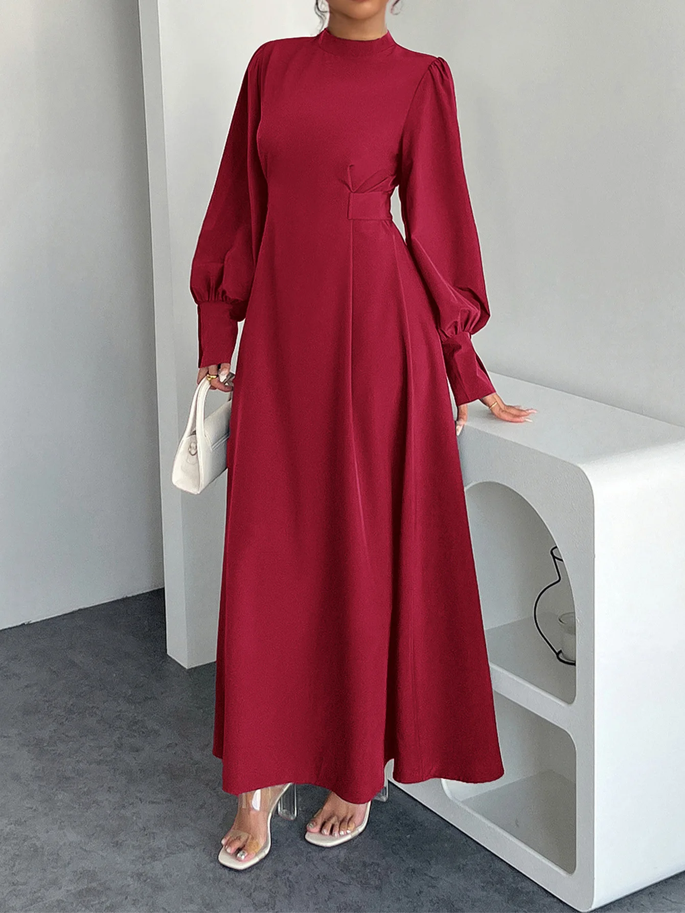 

2025 Summer A-Line Long Sleeve Sexy High Waist Long Dress Party Robes Women's Red Vacation Dress Sexy Solid Color Wedding Dress