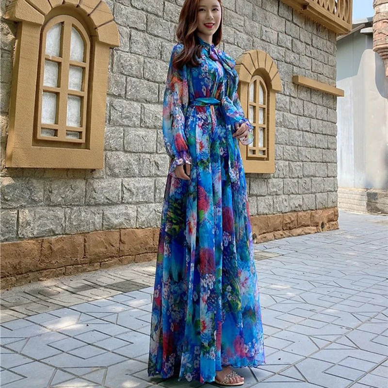 2024Elegant Slim Beach Dress Summer Women Oversize Printed Chiffon Dresses Female long sleeve Korean Evening Party Robe Vestidos