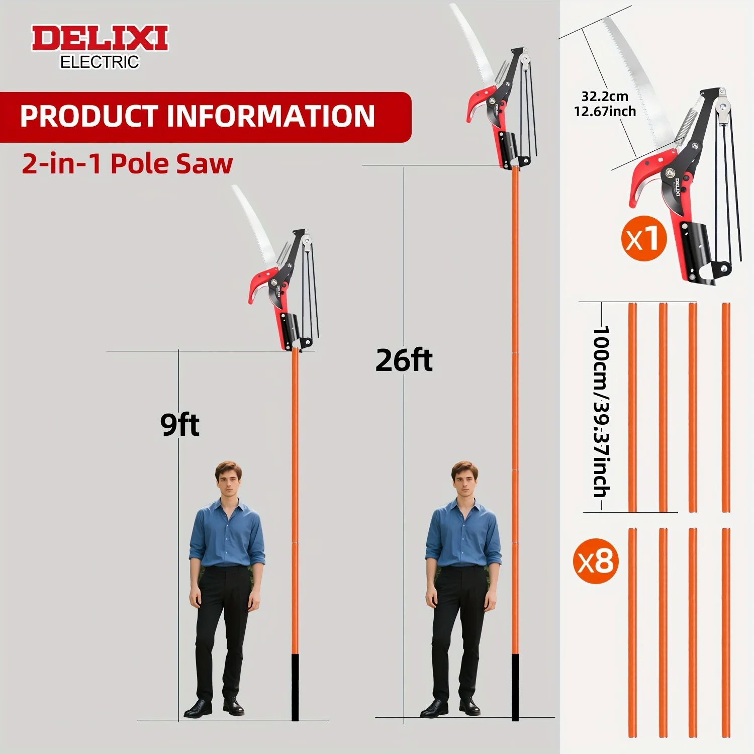 

26-футовая ручная пила с телескопическим триммером для ветвей, спиральным шарниром, легкой пластиковой конструкцией и портативной сумкой