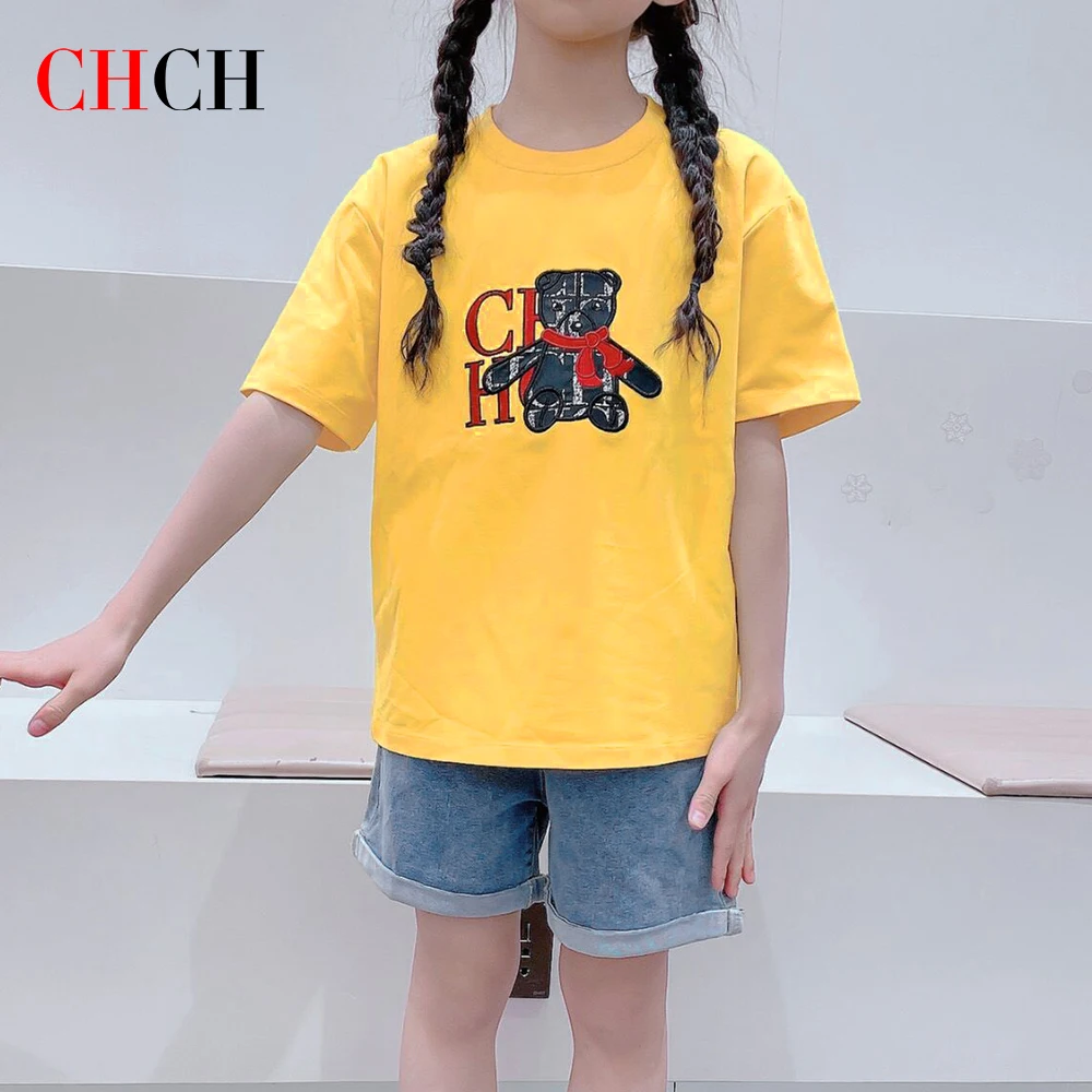 

Chch Children's Short-Sleeved Bear Print Embroidery Pattern Cotton Loose Comfortable Summer Outdoor Casual Boys Girls Tops
