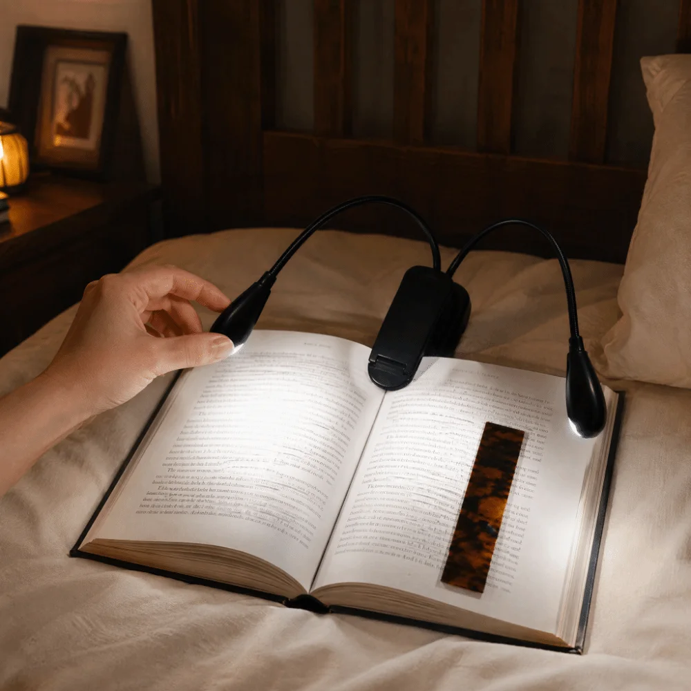 2 Pack Dual Arms Book Light Clip On Design 4 Brightness Levels Reading Tablet Lamp USB Battery Operated Adjustable LED Light