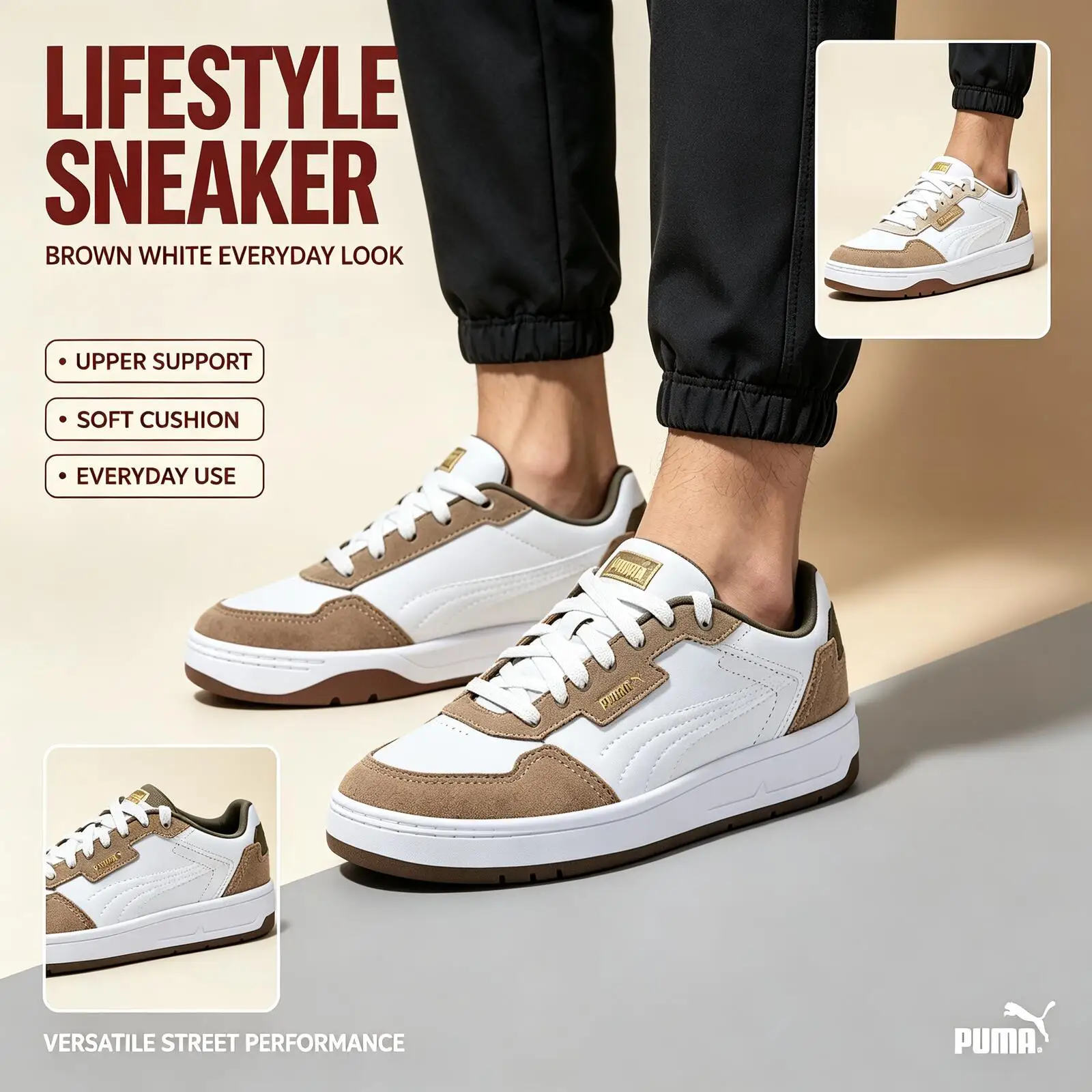 Puma 395087-04 Official Genuine Unisex Low Top Skate Sneakers Brown Gold Suede Trim Gold Foil Side Tongue Toe Casual Shoes