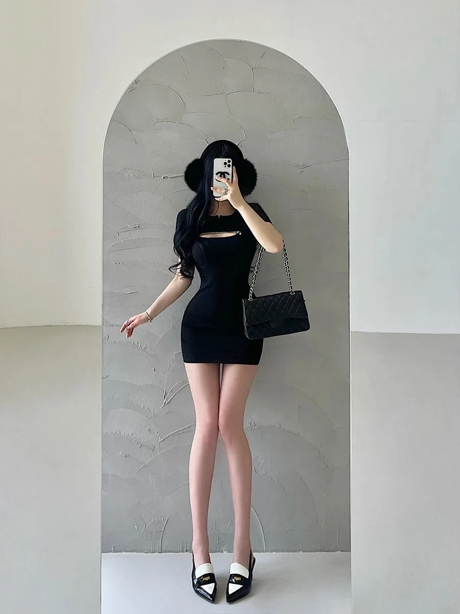 Pure Desire Style Sexy Chest Zipper Hollow Short Sleeve Dress Elegant Wrapped Hip Short Dress T Shirt Mini Dress Fashion CK7Y