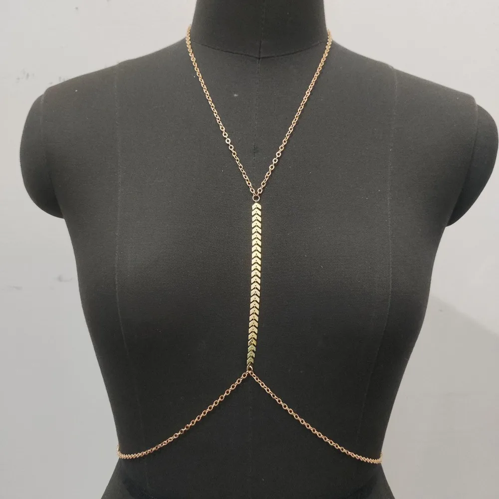 Trendy Arrow-shaped Fish Bone Chest Chain Necklace for Women Layered Waist Belly Chain Beach Party Rave Outfit Sexy Body Jewelry