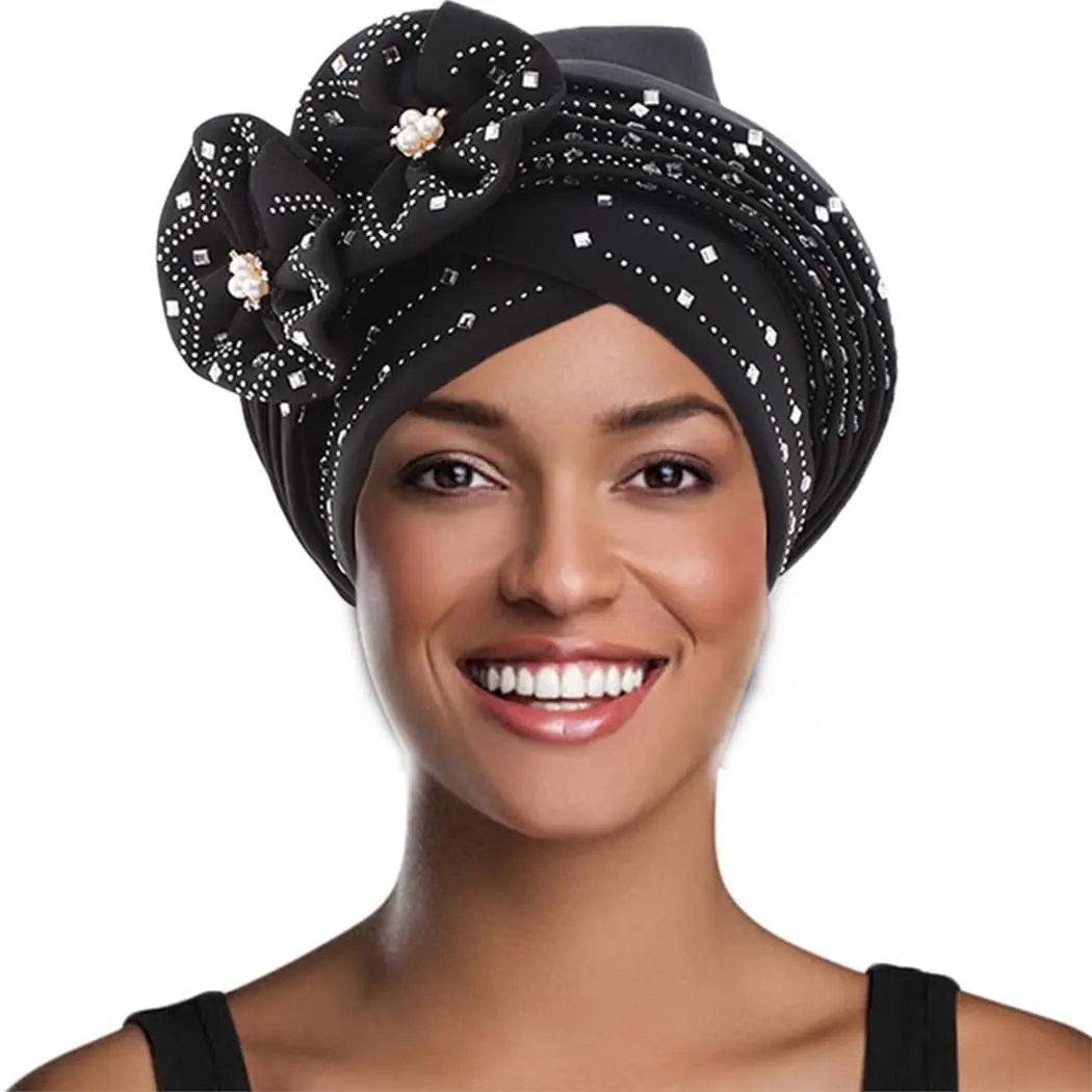 New African Turban Flower Black Pre-Tied Headwrap Sparkling Diamonds Bonnet Beanie Turban Headbands for Women