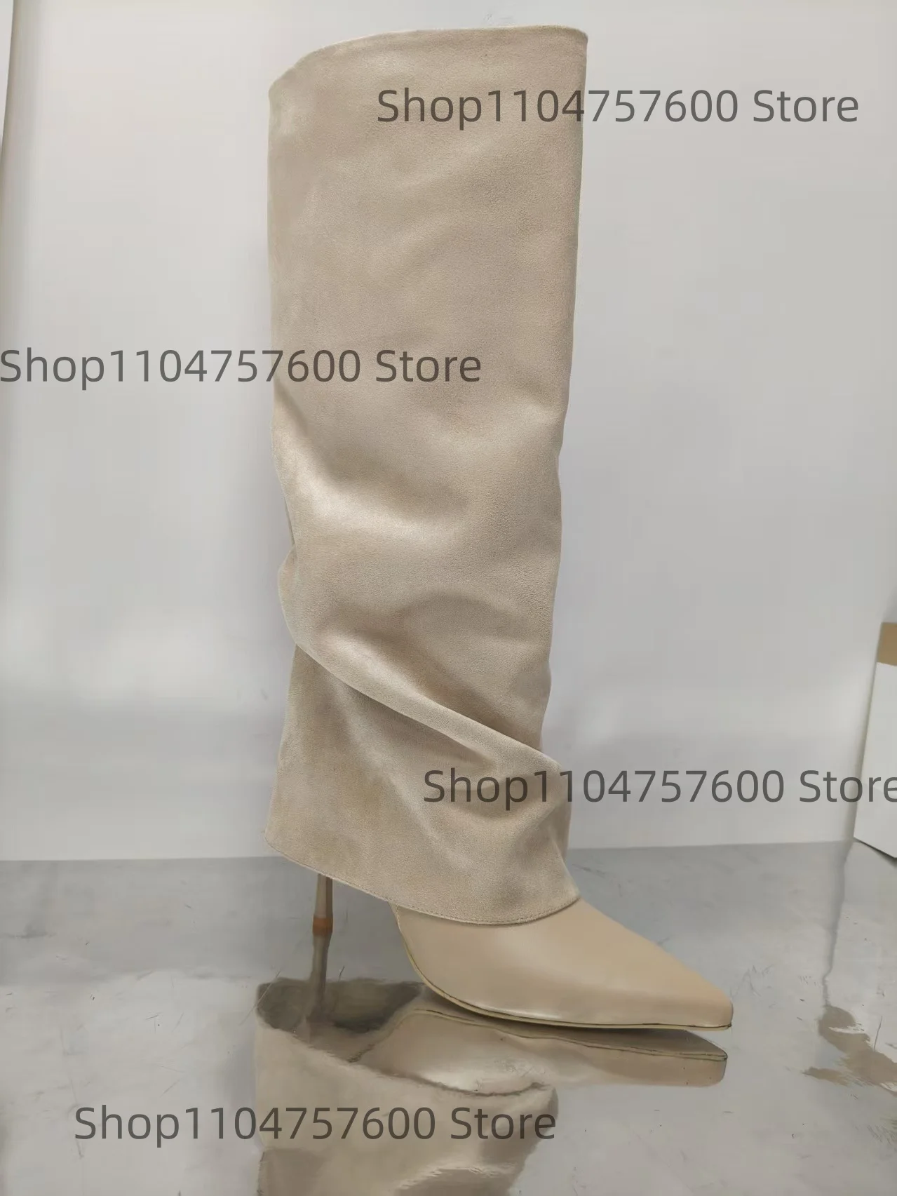 Women's New Leather Trouser Boots Pointed Toe Stiletto Heel Slip-on Punk Street Ladies Large Size Retro Pleated Mid-Calf Botas