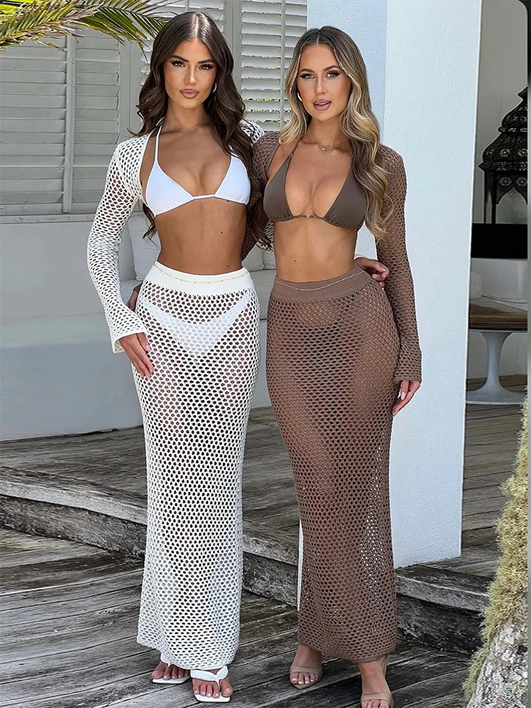 Sexy Knitted Chic Hollow Out Long Skirt Suit Bikini Cover Up  Summer Women's Slim See Through Vacation Beach Dress Set A2925